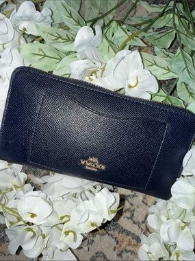 Coach Navy Saffiano Zip Around Wallet with Exterior Card Slot